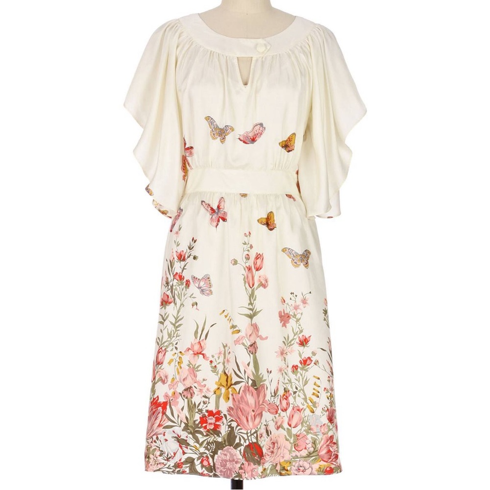Anthropologie Romantic Cream Pink Silk Midi Dress Flutter Sleeve Butterfly Print
